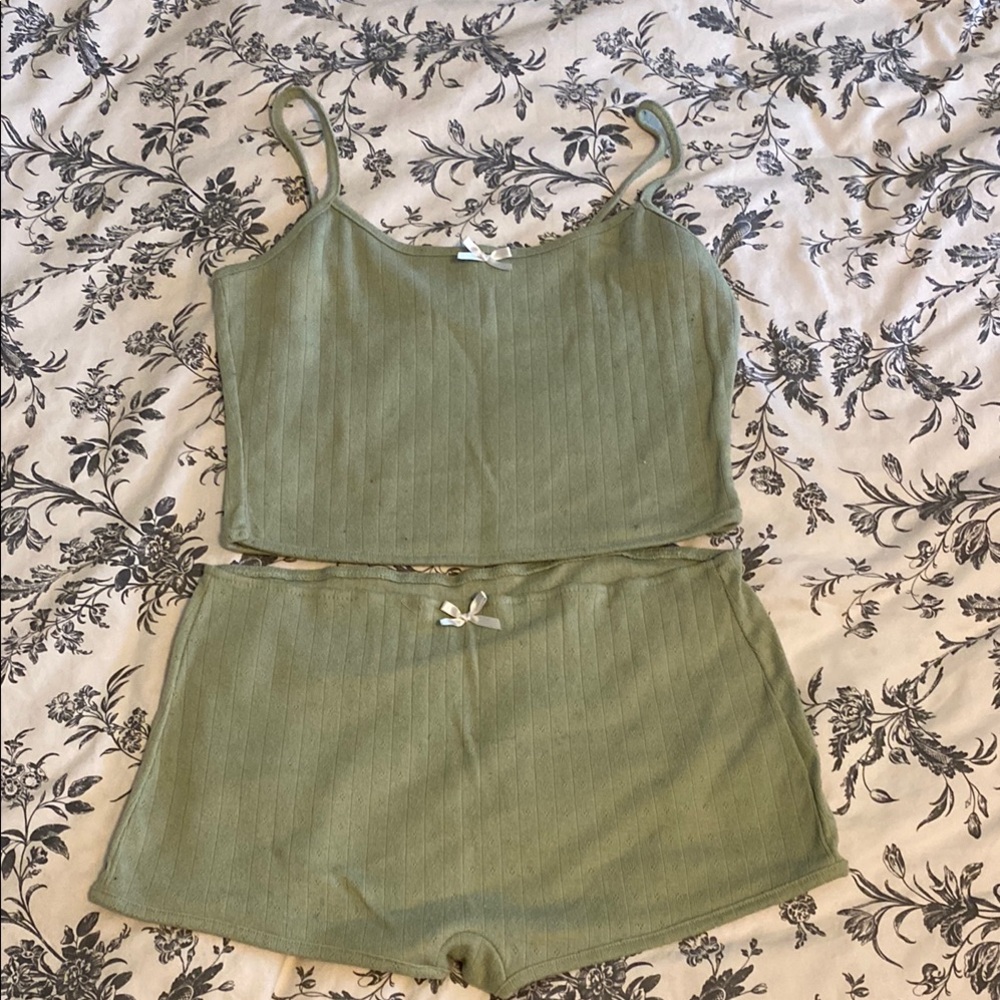 Green Ribbed Tank and Shorts Pajama Set